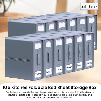 10x Kitchee Foldable Bed Sheet Storage Box - Linen and Closet Organiser Grey.