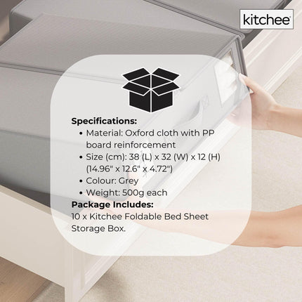 10x Kitchee Foldable Bed Sheet Storage Box - Linen and Closet Organiser Grey.