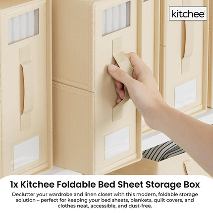 1x Kitchee Foldable Bed Sheet Storage Box - Linen and Closet Organiser Beige.