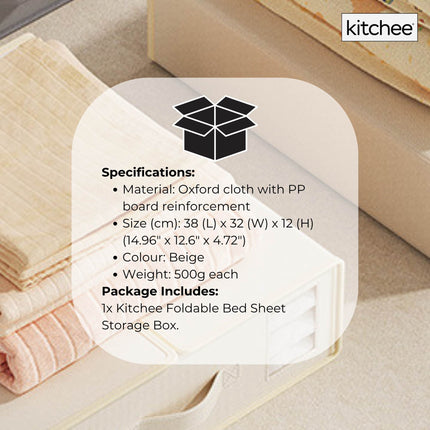 1x Kitchee Foldable Bed Sheet Storage Box - Linen and Closet Organiser Beige.