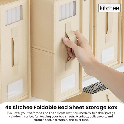 4x Kitchee Foldable Bed Sheet Storage Box - Linen and Closet Organiser Beige.