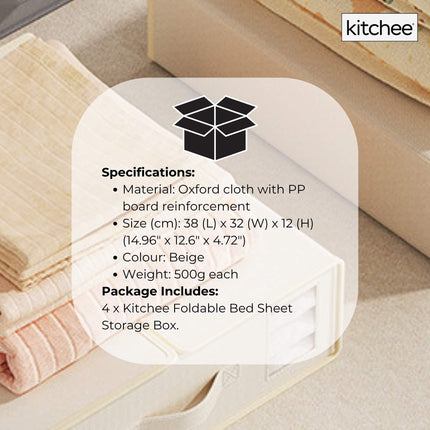 4x Kitchee Foldable Bed Sheet Storage Box - Linen and Closet Organiser Beige.