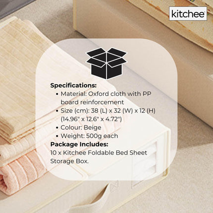 10x Kitchee Foldable Bed Sheet Storage Box - Linen and Closet Organiser Beige.