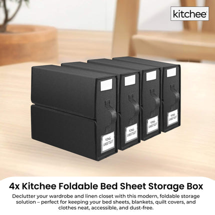 4x Kitchee Foldable Bed Sheet Storage Box - Linen and Closet Organiser Black.