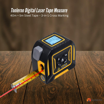 Tooleroo 40m Digital Laser Tape Measure + 5m Steel Tape – 3-in-1 Cross Marking.