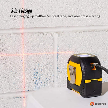 Tooleroo 40m Digital Laser Tape Measure + 5m Steel Tape – 3-in-1 Cross Marking.