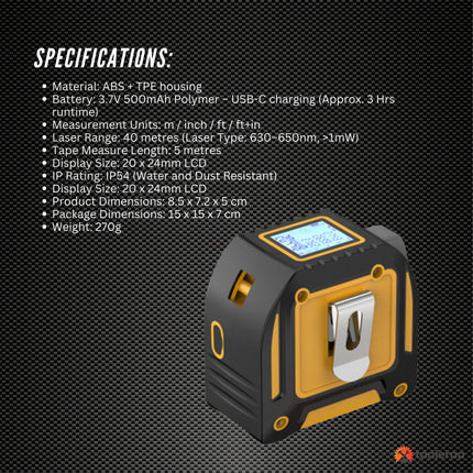 Tooleroo 40m Digital Laser Tape Measure + 5m Steel Tape – 3-in-1 Cross Marking.