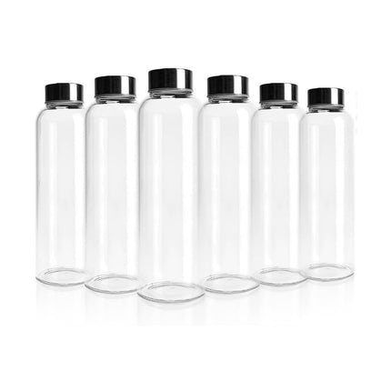 Kitchee 500ml Glass Water Bottle with Stainless Steel Lid - Set of 6 Drink Bottles.