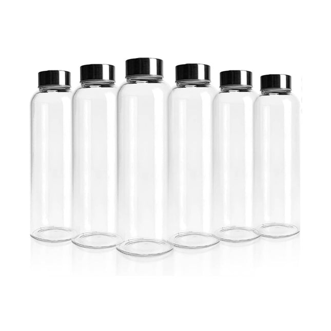 Kitchee 500ml Glass Water Bottle with Stainless Steel Lid - Set of 6 Drink Bottles.
