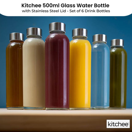 Kitchee 500ml Glass Water Bottle with Stainless Steel Lid - Set of 6 Drink Bottles.