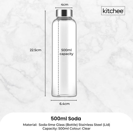 Kitchee 500ml Glass Water Bottle with Stainless Steel Lid - Set of 6 Drink Bottles.