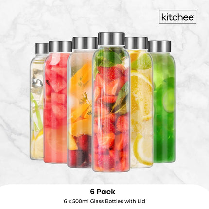 Kitchee 500ml Glass Water Bottle with Stainless Steel Lid - Set of 6 Drink Bottles.
