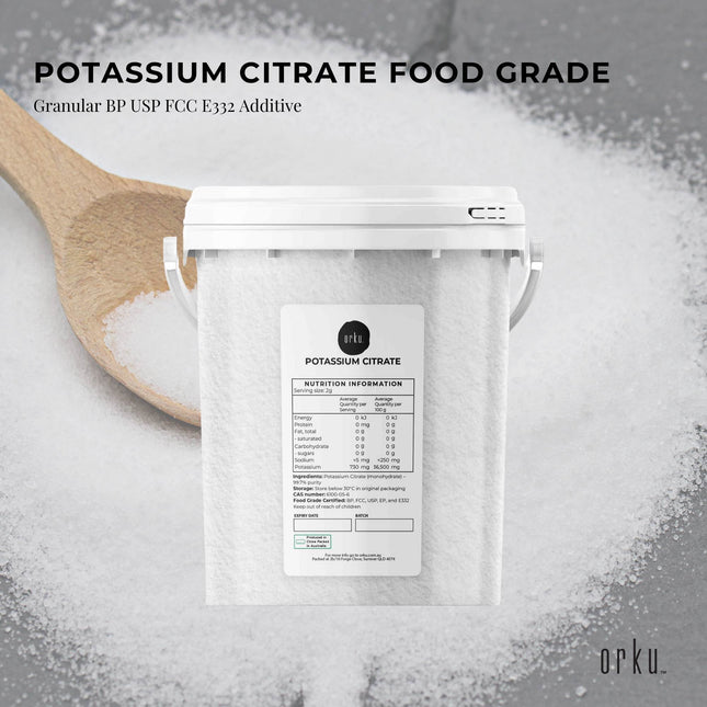 Orku 1.3Kg Potassium Citrate Food Grade Tub - Granular BP USP FCC E332 Additive.