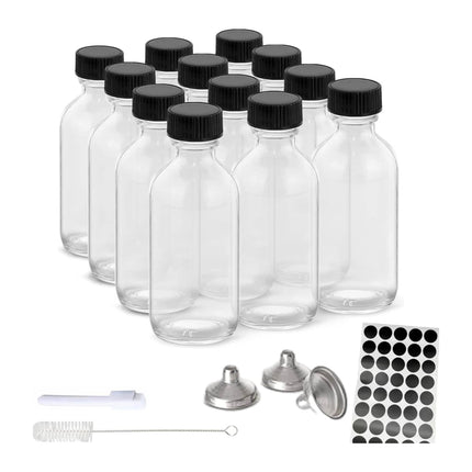 Kitchee 12x 60ml Small Glass Bottles + Lids Funnels Brush Labels Pen.