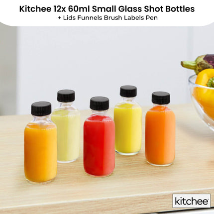 Kitchee 12x 60ml Small Glass Bottles + Lids Funnels Brush Labels Pen.