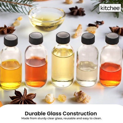 Kitchee 12x 60ml Small Glass Bottles + Lids Funnels Brush Labels Pen.