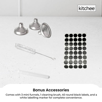 Kitchee 12x 60ml Small Glass Bottles + Lids Funnels Brush Labels Pen.