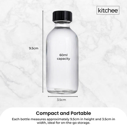 Kitchee 12x 60ml Small Glass Bottles + Lids Funnels Brush Labels Pen.