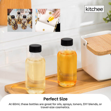 Kitchee 12x 60ml Small Glass Bottles + Lids Funnels Brush Labels Pen.