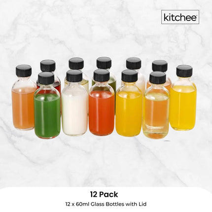 Kitchee 12x 60ml Small Glass Bottles + Lids Funnels Brush Labels Pen.
