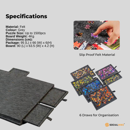 Social Hike Puzzle Board 1500 pcs - Felt Tilting Portable Cover + Drawers Grey.