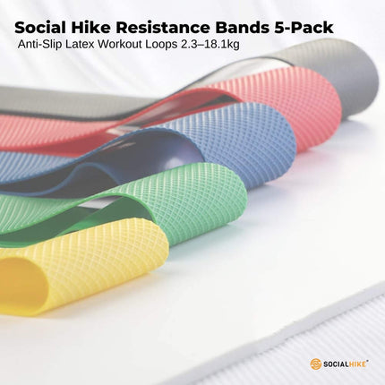 Social Hike Resistance Bands 5-Pack – Anti-Slip Latex Workout Loops 2.3–18.1kg.