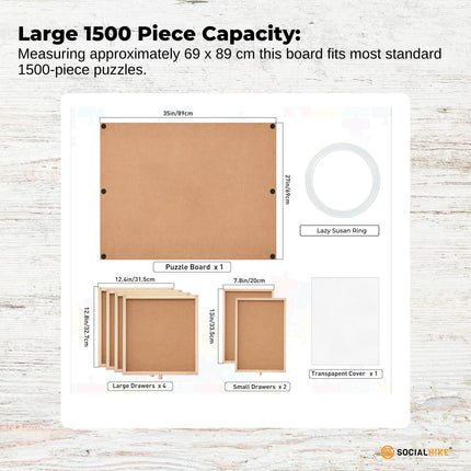 Social Hike Puzzle Board 1500 pcs - Rotating Tabletop with 6 Drawers and Cover.