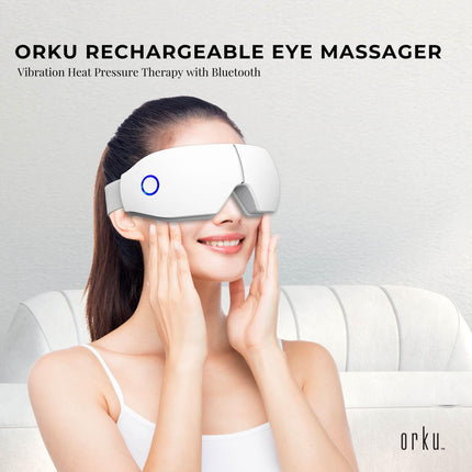 Orku Rechargeable Eye Massager – Vibration Heat Pressure Therapy with Bluetooth.