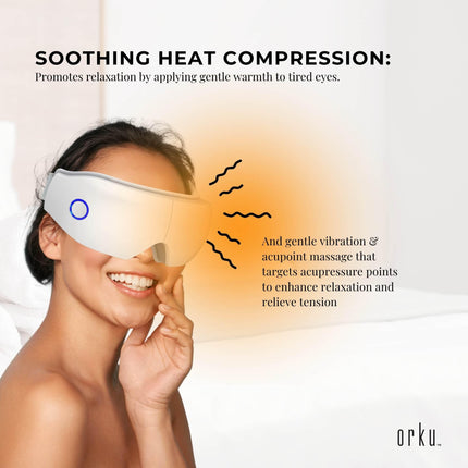 Orku Rechargeable Eye Massager – Vibration Heat Pressure Therapy with Bluetooth.