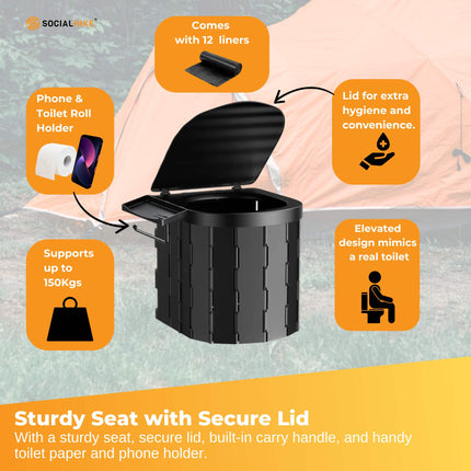 Social Hike Portable Folding Camping Toilet - Outdoor Lightweight Compact Potty.