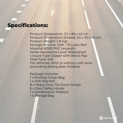 Social Hike 428L Car Rooftop Storage Carrier - Soft-Shell Waterproof Roof Bag.