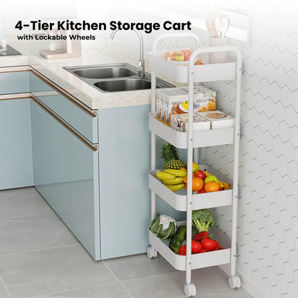 Kitchee 4-Tier Kitchen Storage Cart Trolley with Wheels - Shelf Organiser WHITE.
