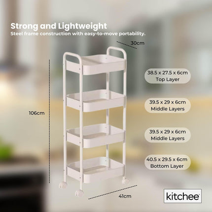 Kitchee 4-Tier Kitchen Storage Cart Trolley with Wheels - Shelf Organiser WHITE.