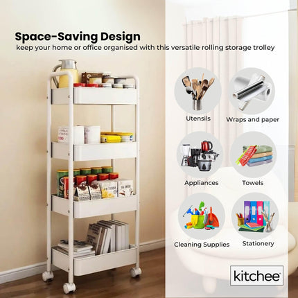 Kitchee 4-Tier Kitchen Storage Cart Trolley with Wheels - Shelf Organiser WHITE.