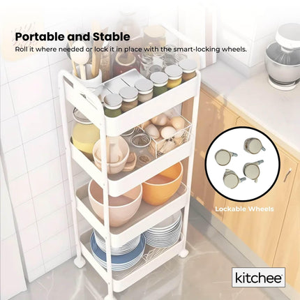 Kitchee 4-Tier Kitchen Storage Cart Trolley with Wheels - Shelf Organiser WHITE.