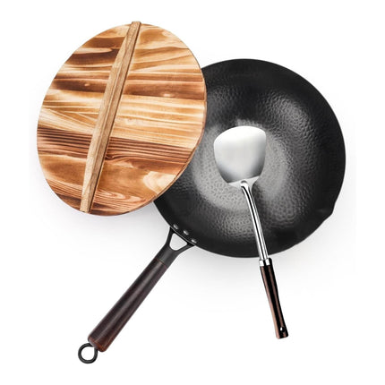 Kitchee 32cm Carbon Steel Wok Set Flat Bottom with Wood Lid + Spatula - Induction Ready.