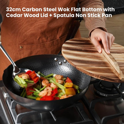 Kitchee 32cm Carbon Steel Wok Set Flat Bottom with Wood Lid + Spatula - Induction Ready.