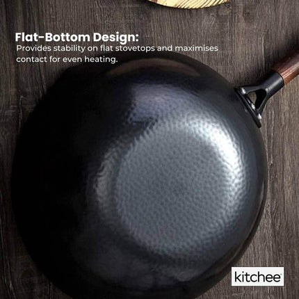 Kitchee 32cm Carbon Steel Wok Set Flat Bottom with Wood Lid + Spatula - Induction Ready.