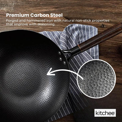 Kitchee 32cm Carbon Steel Wok Set Flat Bottom with Wood Lid + Spatula - Induction Ready.