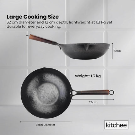 Kitchee 32cm Carbon Steel Wok Set Flat Bottom with Wood Lid + Spatula - Induction Ready.