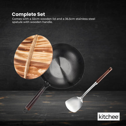 Kitchee 32cm Carbon Steel Wok Set Flat Bottom with Wood Lid + Spatula - Induction Ready.