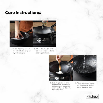 Kitchee 32cm Carbon Steel Wok Set Flat Bottom with Wood Lid + Spatula - Induction Ready.