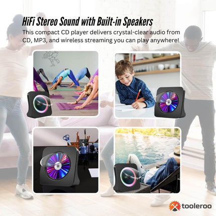Tooleroo USB Rechargeable Desktop CD Player Speaker – Bluetooth Portable Black.