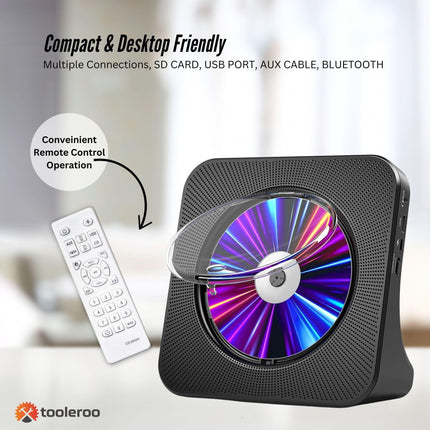 Tooleroo USB Rechargeable Desktop CD Player Speaker – Bluetooth Portable Black.