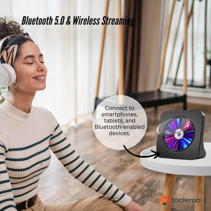 Tooleroo USB Rechargeable Desktop CD Player Speaker – Bluetooth Portable Black.