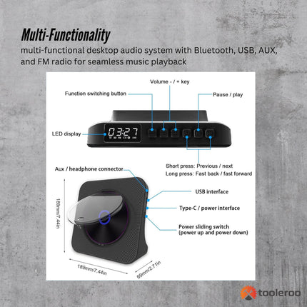 Tooleroo USB Rechargeable Desktop CD Player Speaker – Bluetooth Portable Black.