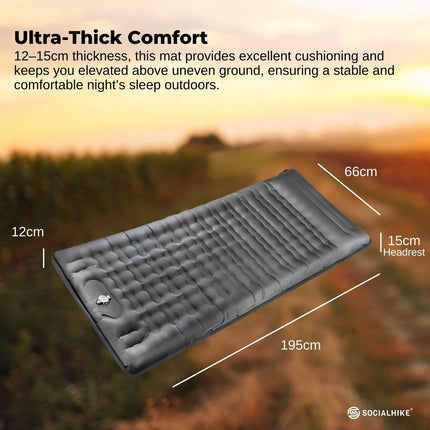 Social Hike Step-Inflating Camping Mattress Lightweight Waterproof Sleeping Grey.