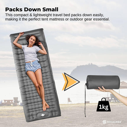 Social Hike Step-Inflating Camping Mattress Lightweight Waterproof Sleeping Grey.