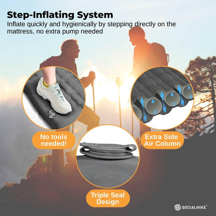 Social Hike Step-Inflating Camping Mattress Lightweight Waterproof Sleeping Grey.