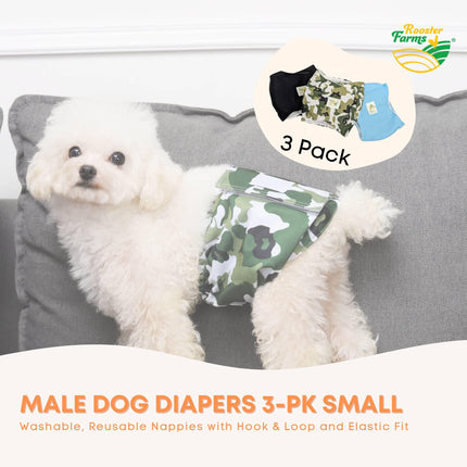 Rooster Farms Male Dog Diapers Small 3Pk - Washable Reusable Nappies Hook/Loop.